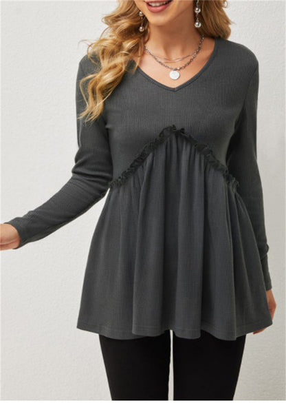 Damen Bluse V-Ausschnitt Rüschen Details Elegante Lange Ärmel