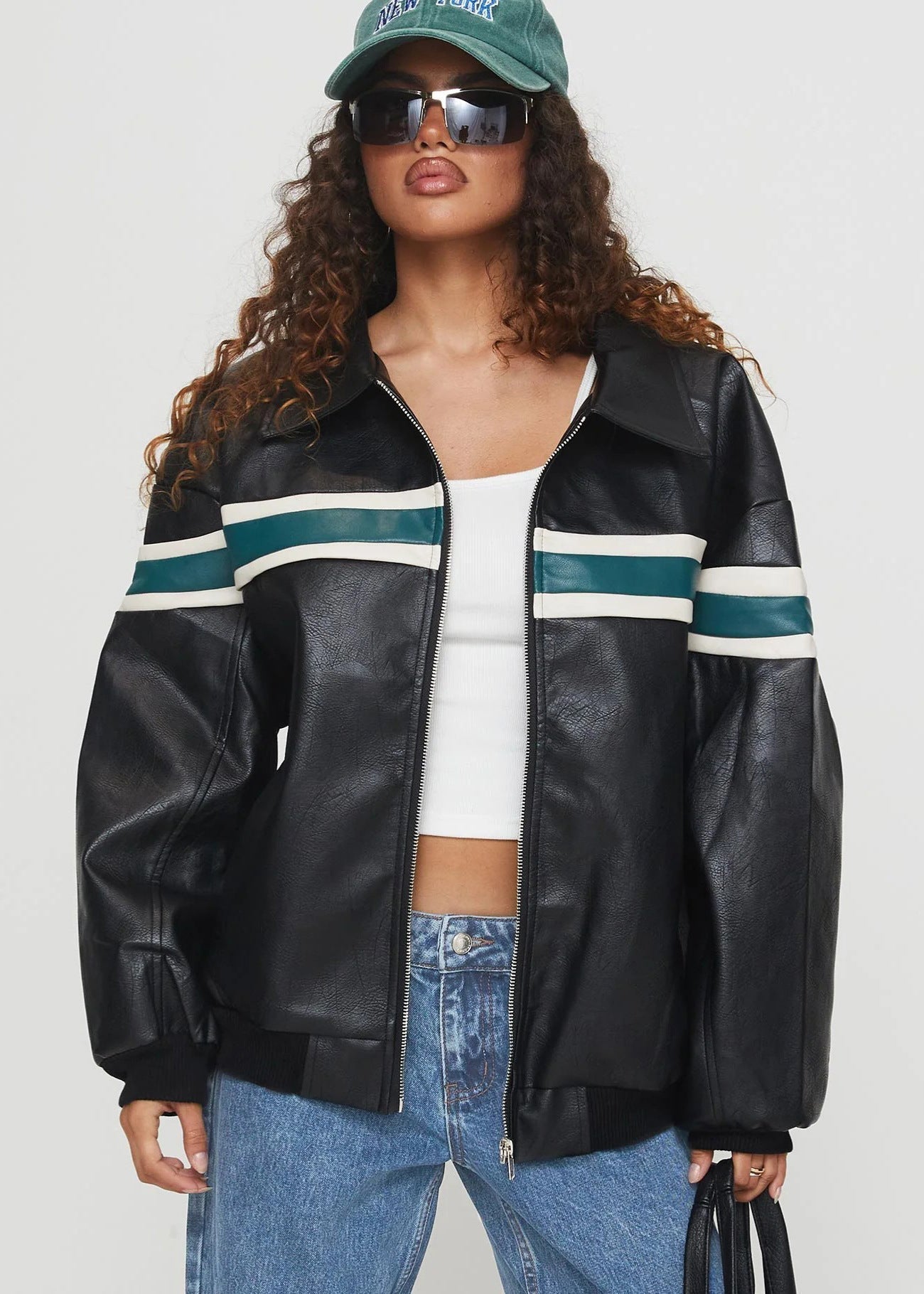 Stylish Faux Leather Bomber Jacket Black