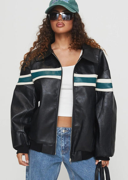 Stylish Faux Leather Bomber Jacket Black