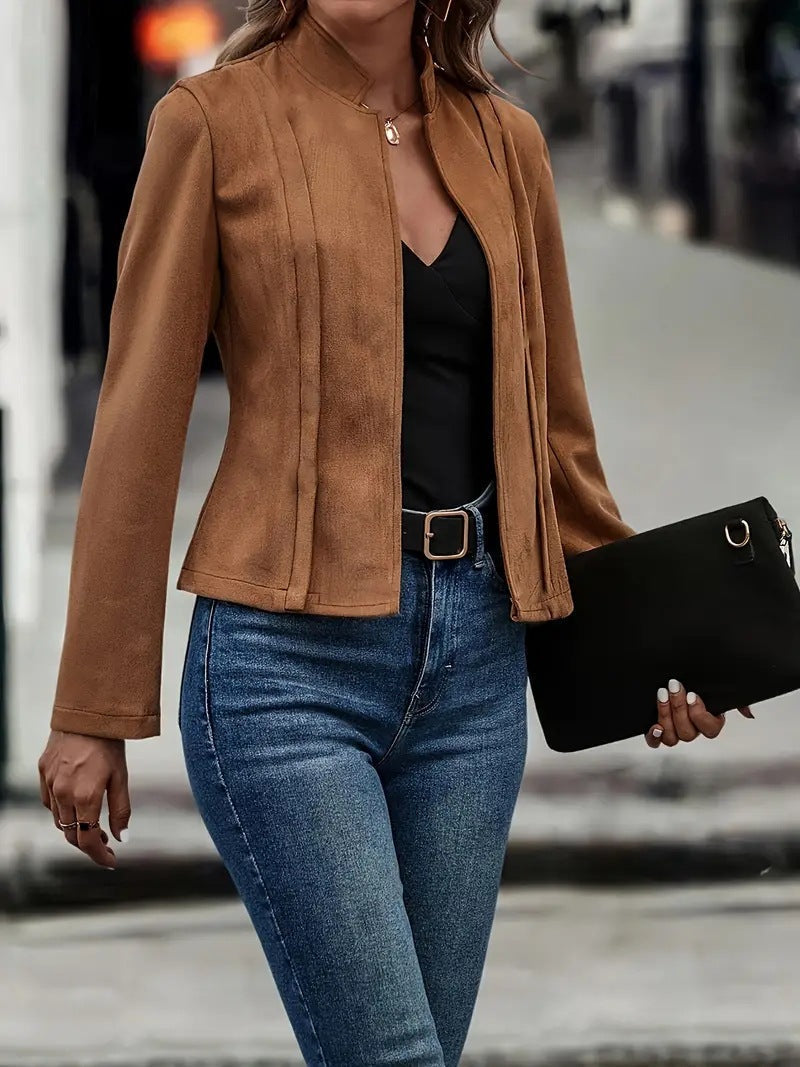 Elegant Short Jacket Slim Fit Wool Blend Stand-up Collar