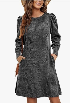 Women's Sweater Dress Ruffle Details Side Pockets