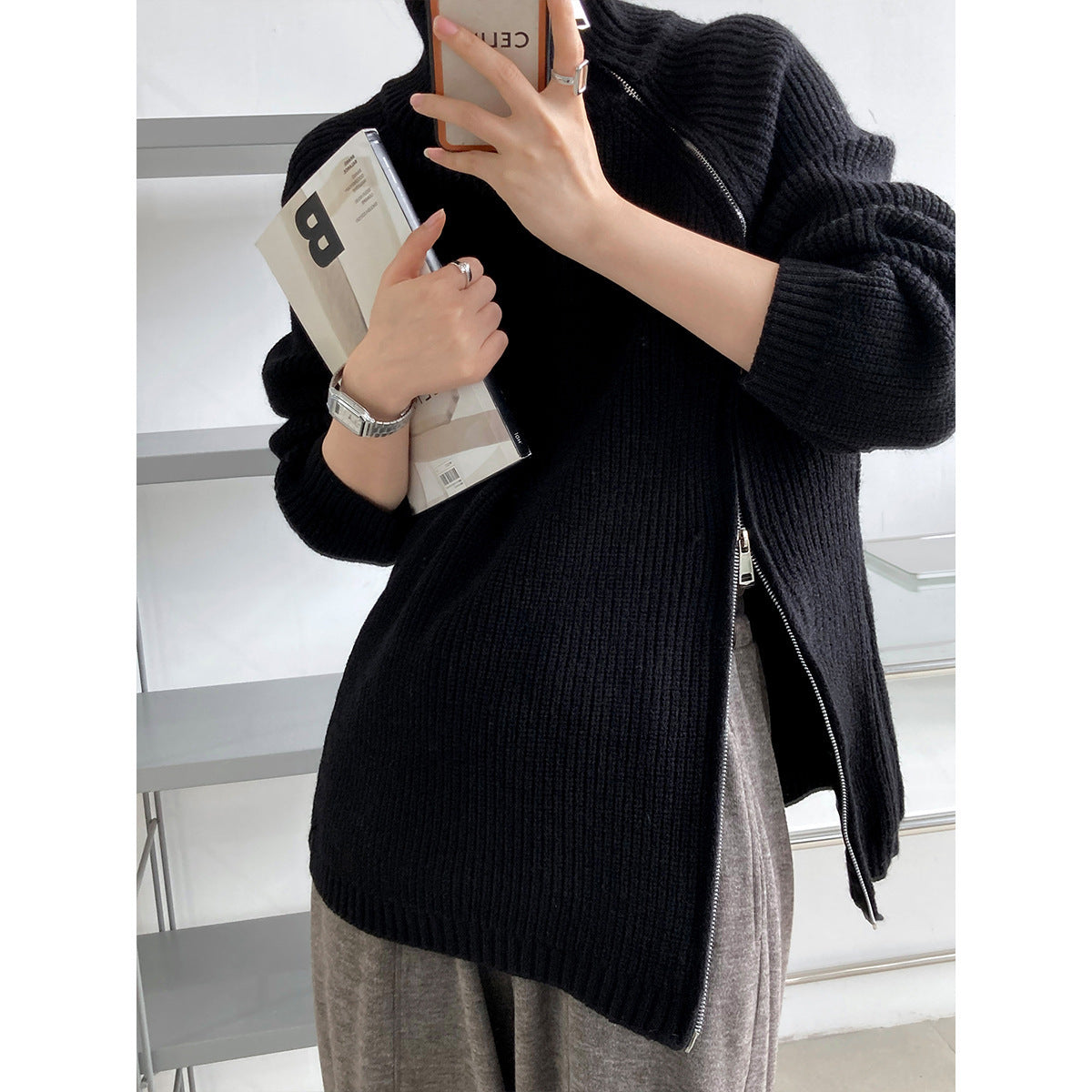Oversized Knitted Jumper Wool Blend High Collar Zip
