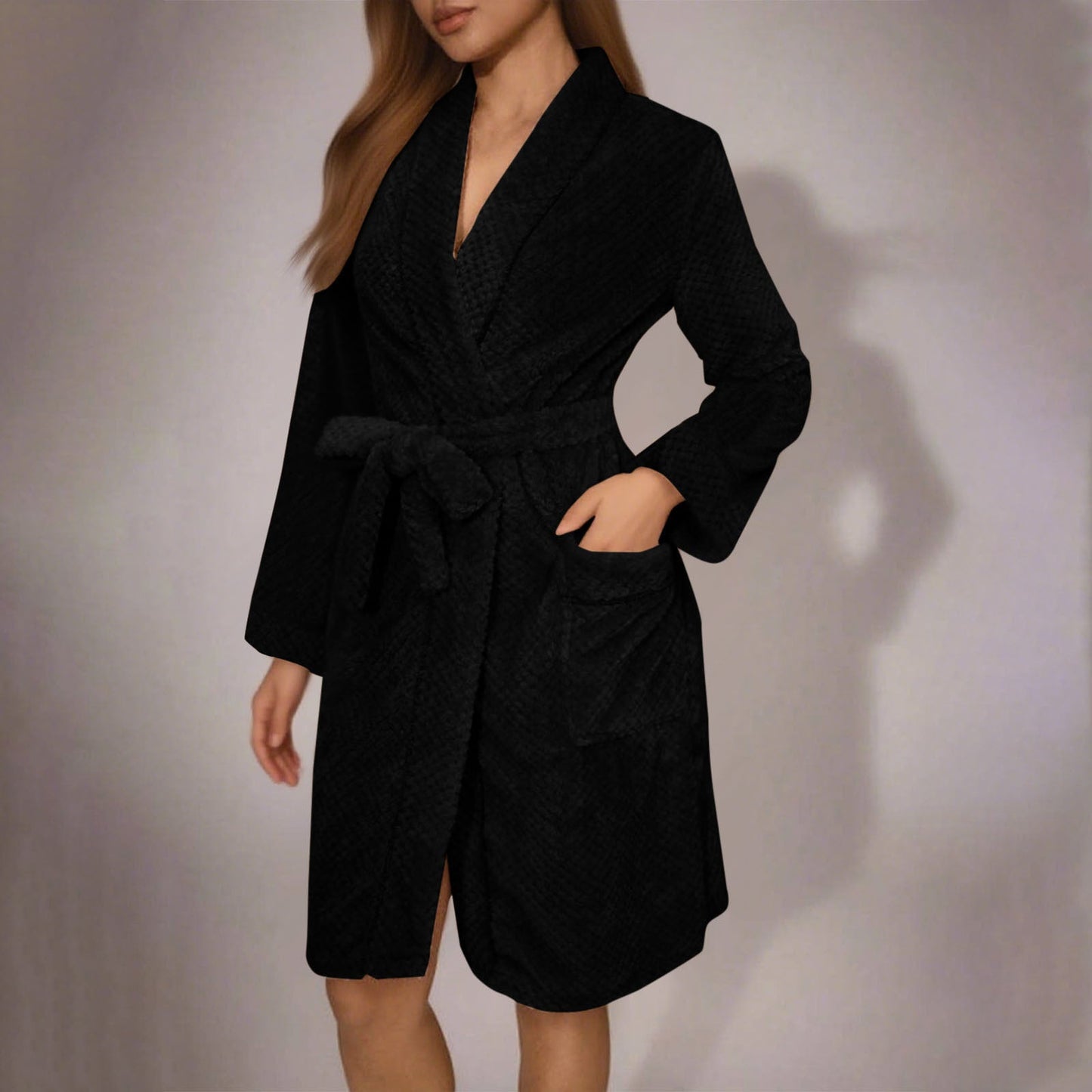 Soft women's bathrobe with belt and pockets