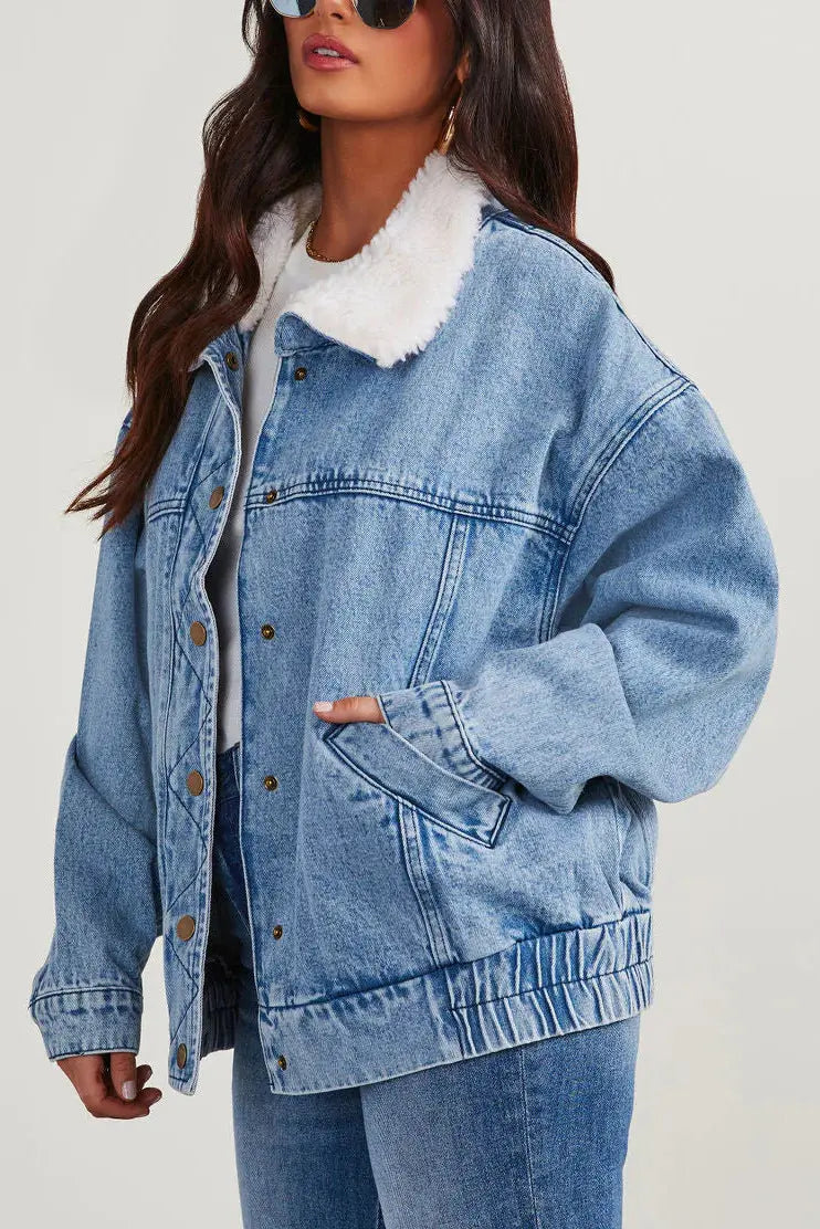 Damen Denimjacke Fleecekragen Modern und Bequem - IdealeKleiden
