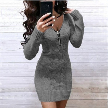 Women's Knitted Dress with Zipper and Cable Knit Pattern