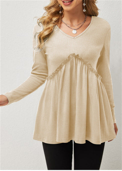 Damen Bluse V-Ausschnitt Rüschen Details Elegante Lange Ärmel