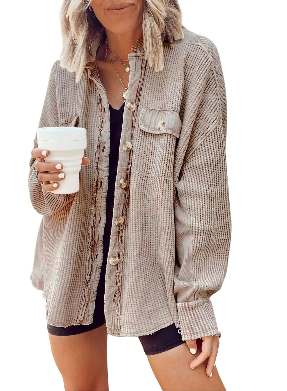 Women's Casual Textured Overshirt with Button Closure