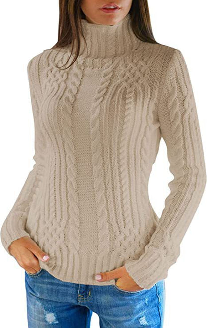 Women's Knitted Jumper High Collar Cable Knit Elegant Clothing
