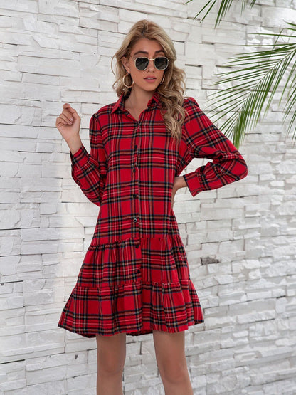 Women's Plaid Dress Casual Floral Ruffle