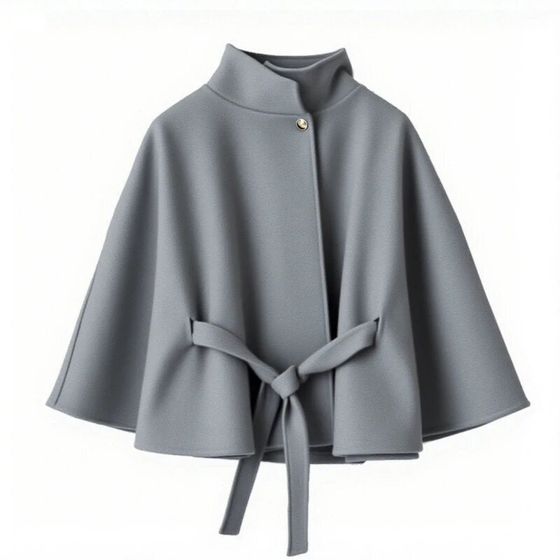 Damen Umhangjacke Elegant Bindegürtel Hochschloss - IdealeKleiden