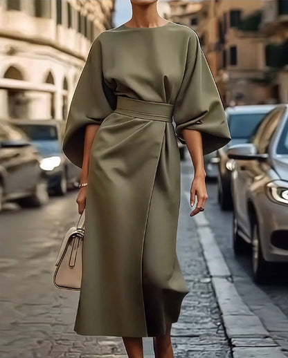 Women's Elegant Lace-Up Maxi Dress with Puff Sleeves