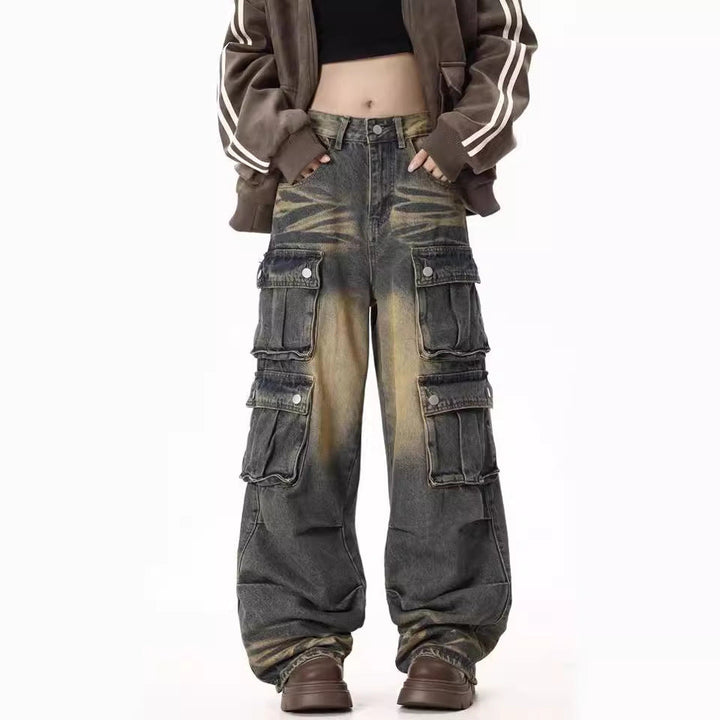 Damen Cargo-Jeans Bequem Weite Bein Seitentaschen - IdealeKleiden