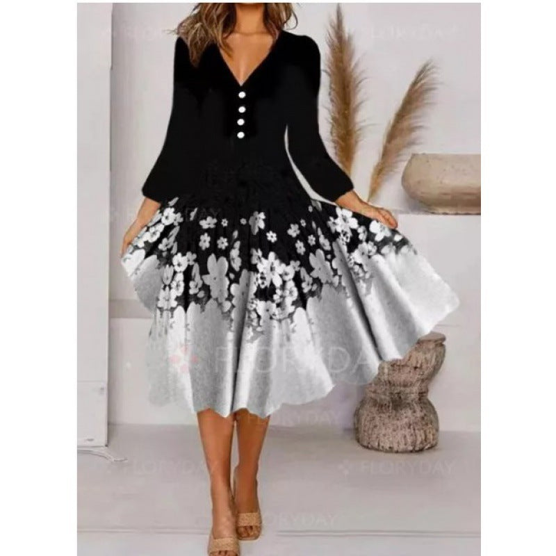 Damen Midi-Kleid V-Ausschnitt Blumenmuster Elegant