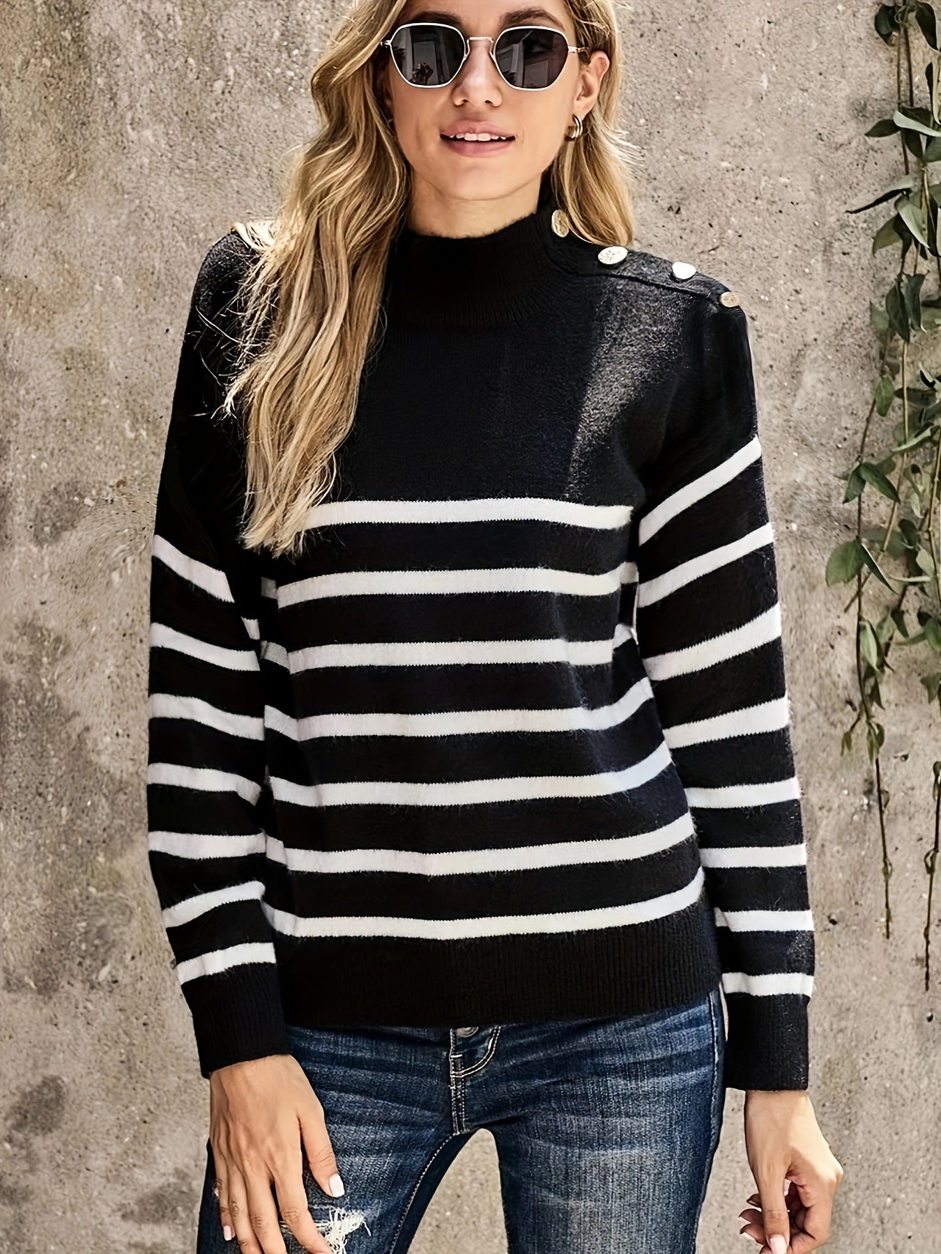 Striped Women's Dress Long-Sleeved Knitted Sweater Modern