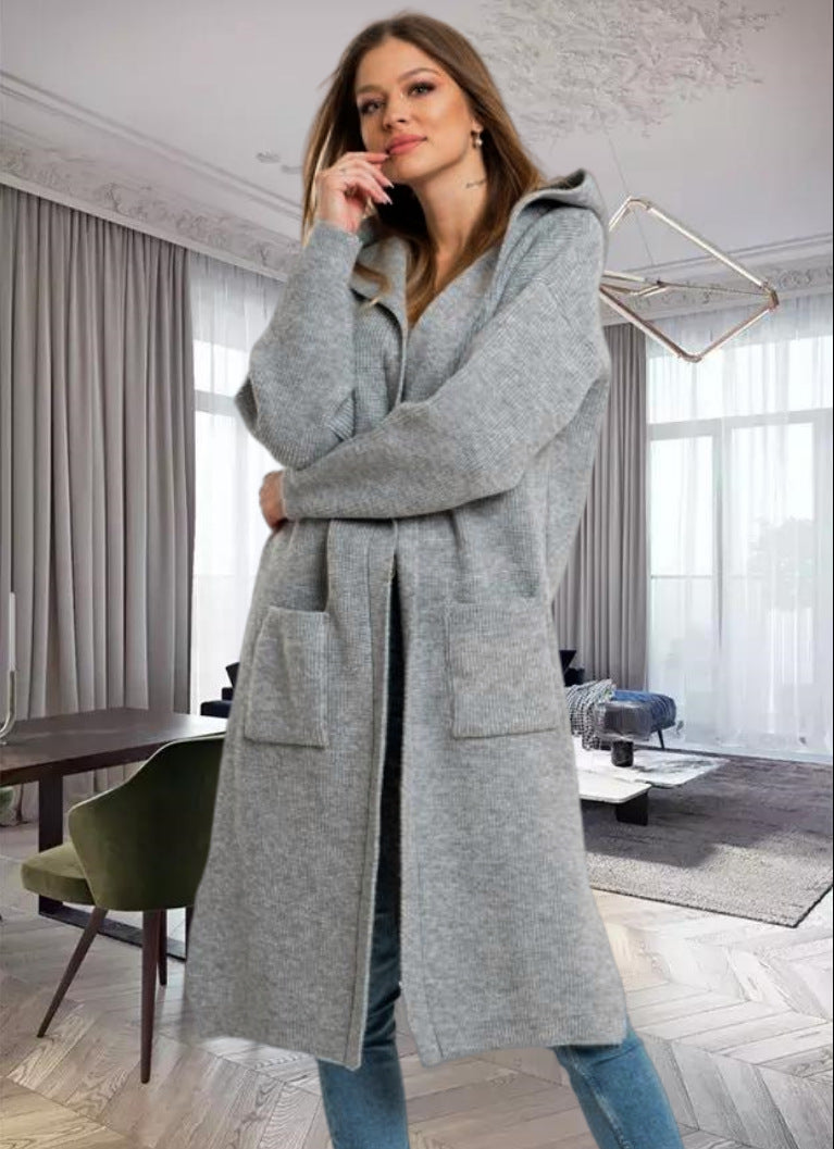 Women's Knitted Cardigan Warm Hood Large Pockets