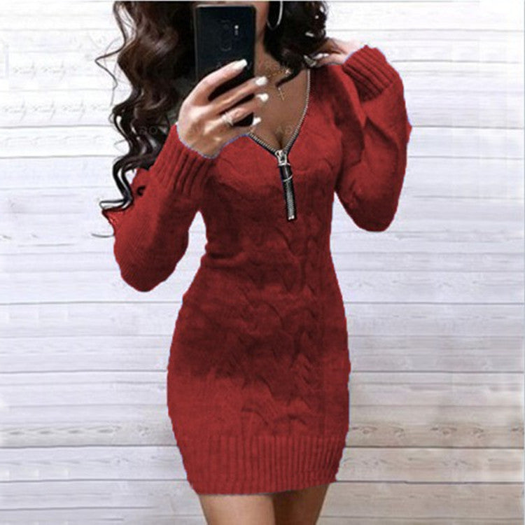 Women's Knitted Dress with Zipper Detail and Textured Pattern