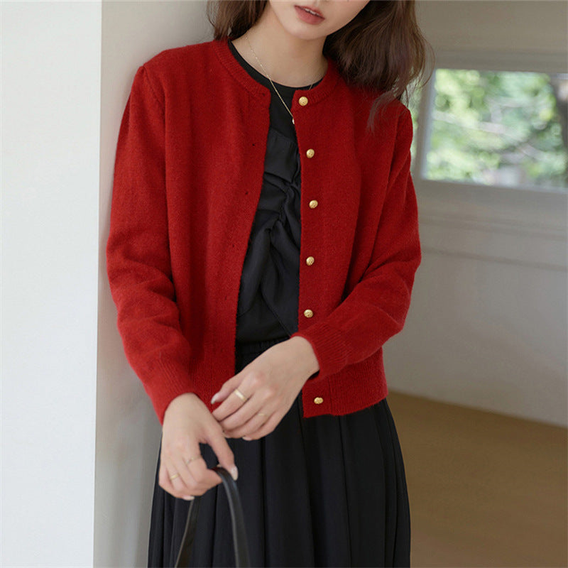 Women's Retro Cardigan Round Neck Gold Buttons