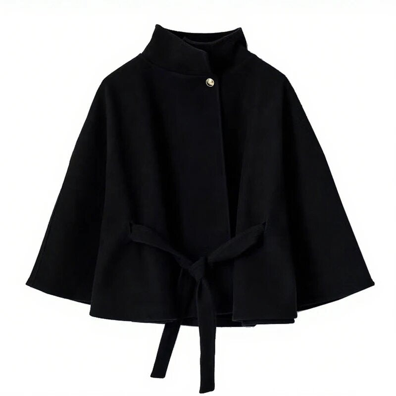 Women's Cape Jacket Elegant Tie Belt High Neck