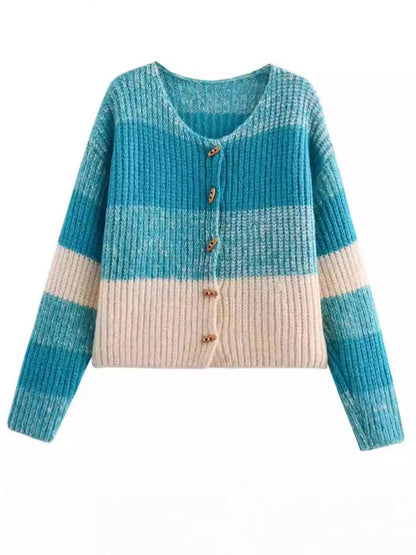 Women's Cardigan Elastic Ribbed Pattern Wooden Buttons Elegant Design