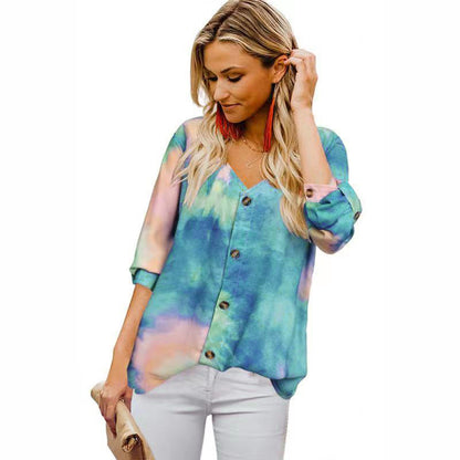 Women's Blouse Colorful Rolled-Up Sleeves