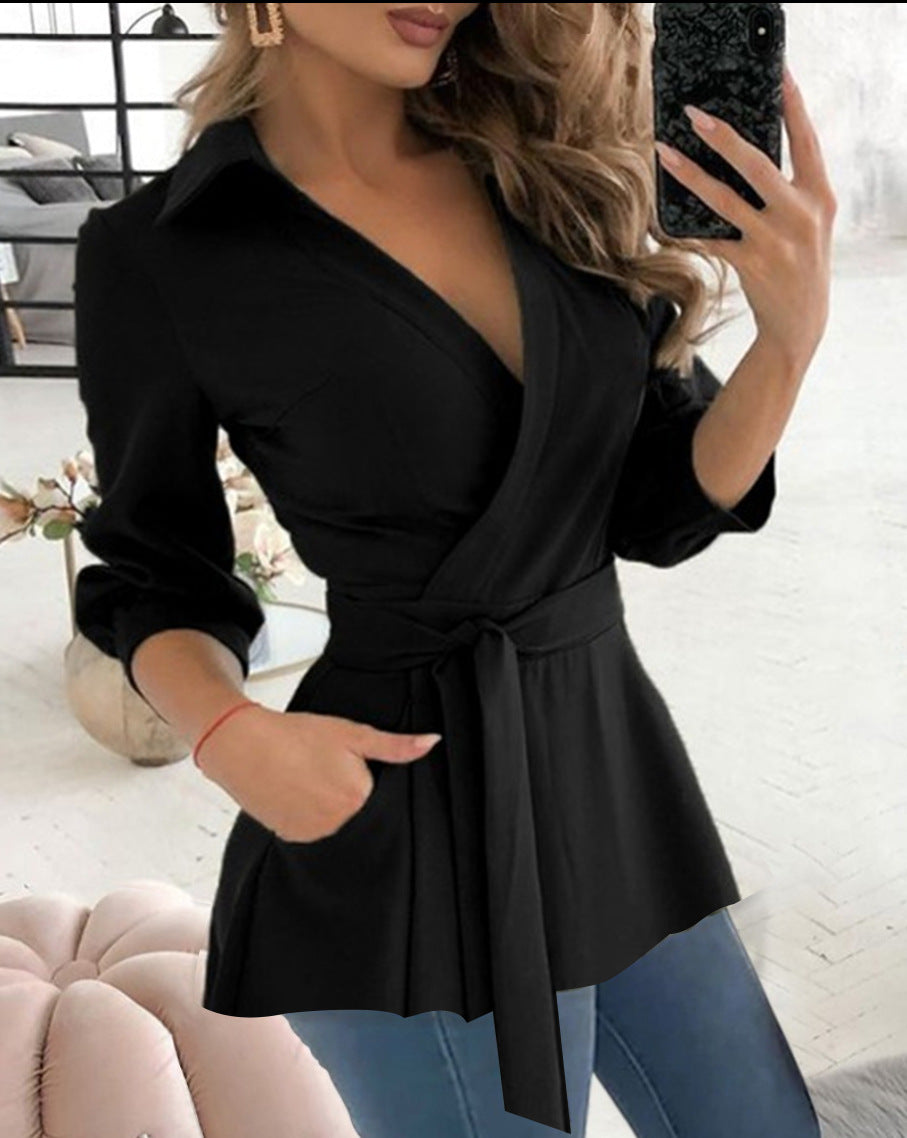 Elegantes Kleid Mit Gürtel V-Ausschnitt Langärmlig - IdealeKleiden