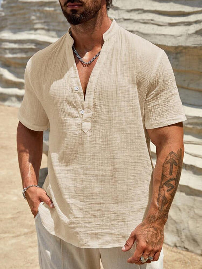 Men's Short Sleeve Shirt Modern Stand-up Collar Lightweight Cotton