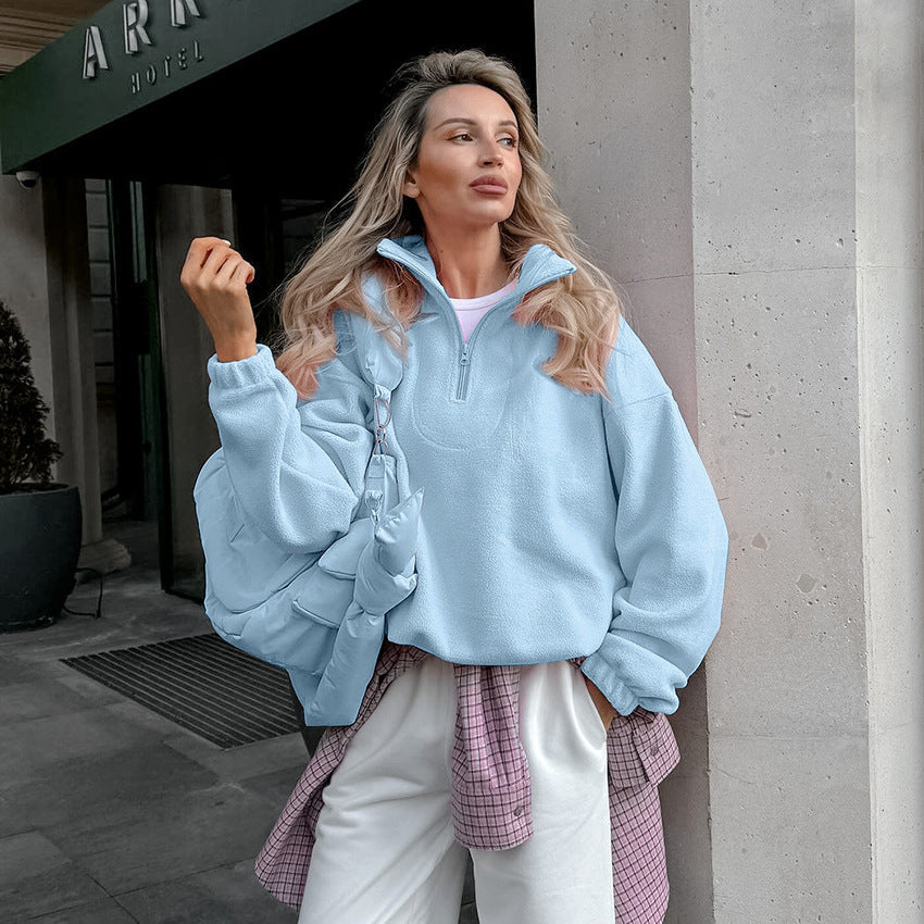 Women's Fleece Pullover Short Zipper Modern Style