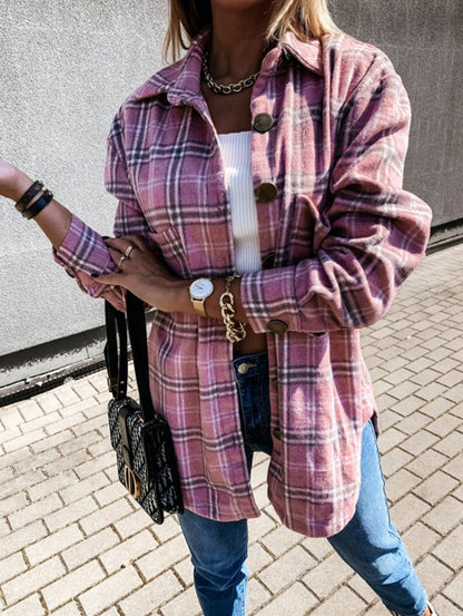 Oversized Wool Coat Plaid Pattern Button Closure