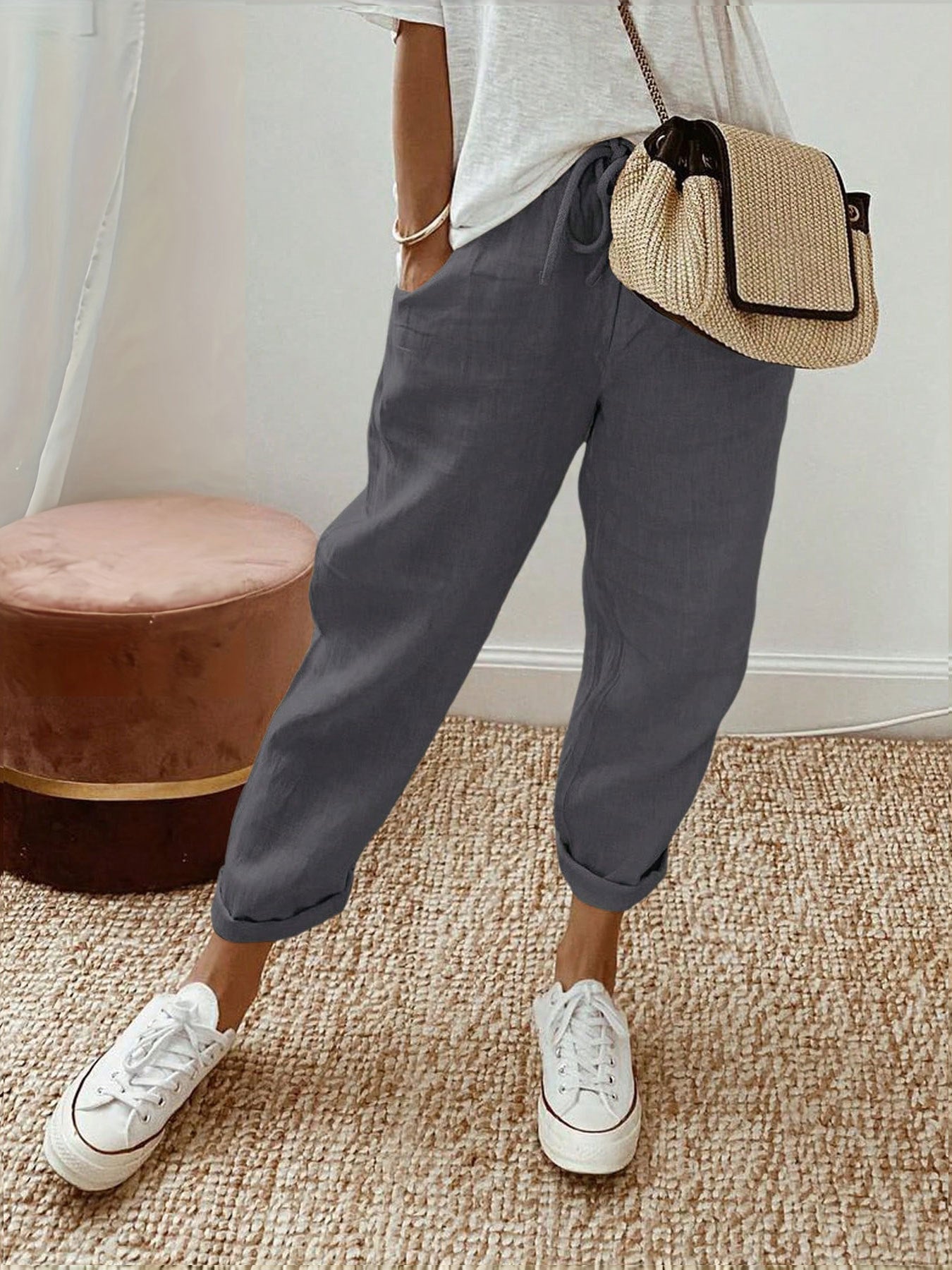 Women's Linen Trousers Comfortable ElasticWith Pockets