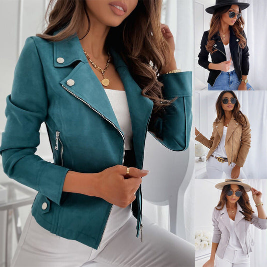 Damen Lederjacke Biker-Stil Slim Fit Reißverschluss - IdealeKleiden