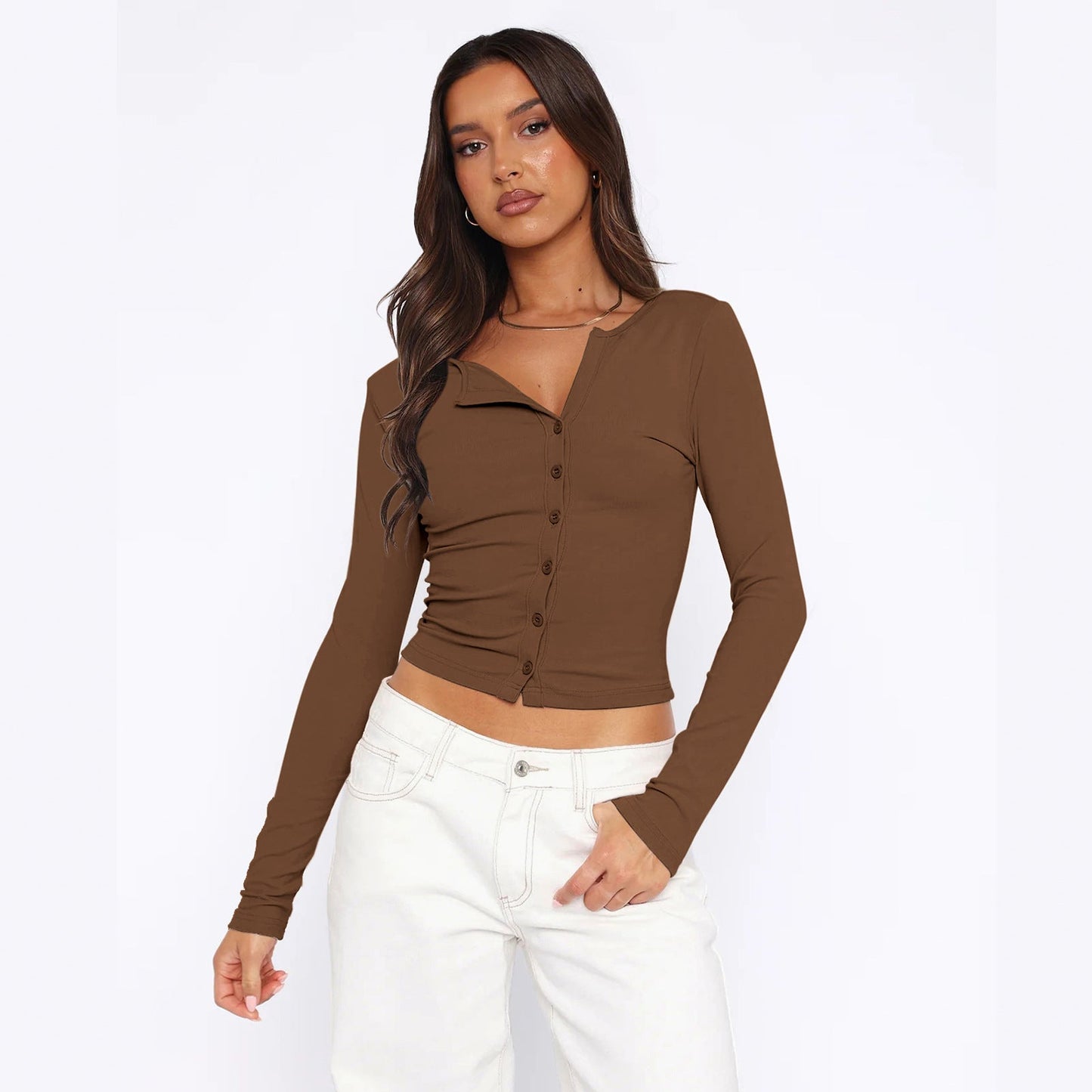 Women's Long-Sleeve Shirt Figure-Hugging Elegant Buttons