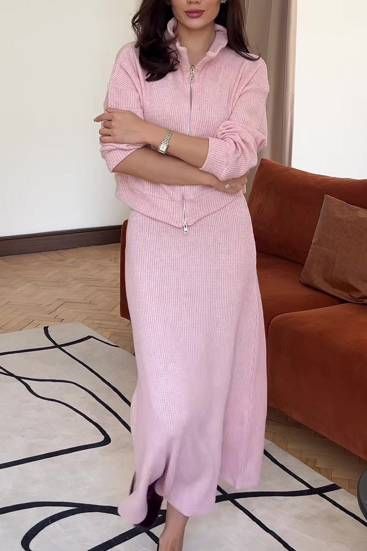 Knitted Zip-Up Top and Maxi Skirt Two-Piece Set