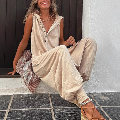 Damen Jumpsuit Casual Kapuze Knopfverschluss - IdealeKleiden