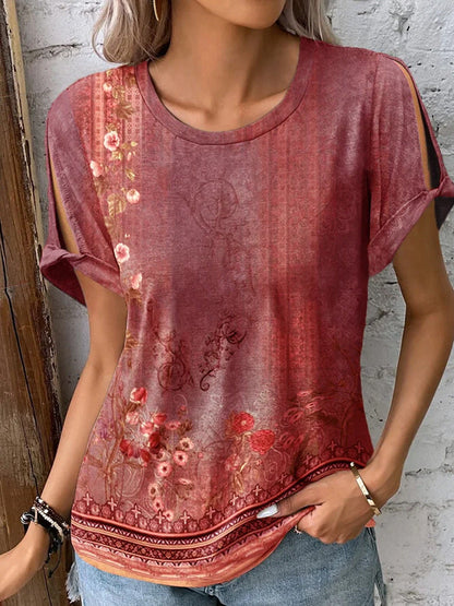 Women's T-Shirt Floral Print Open Sleeves Summer Style
