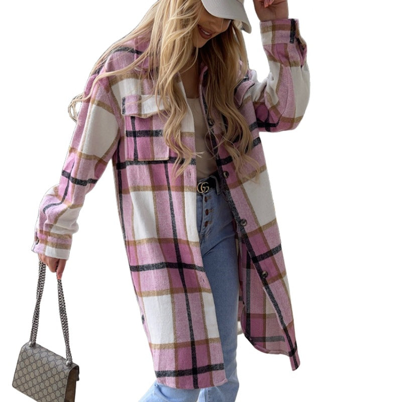 Women's Plaid Overshirt with Buttons and Pockets Modern Stylish