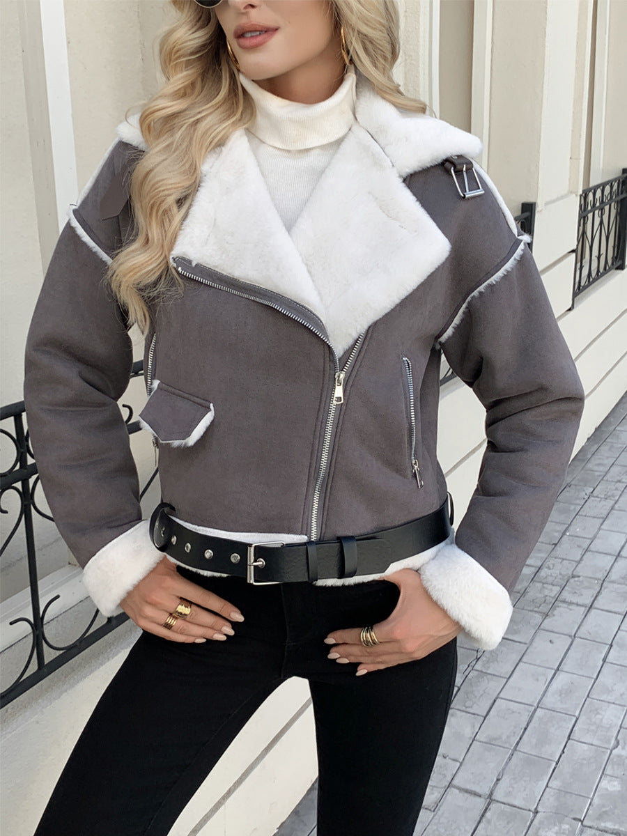Damen Winterjacke Kunstfell Kragen und Gürtel