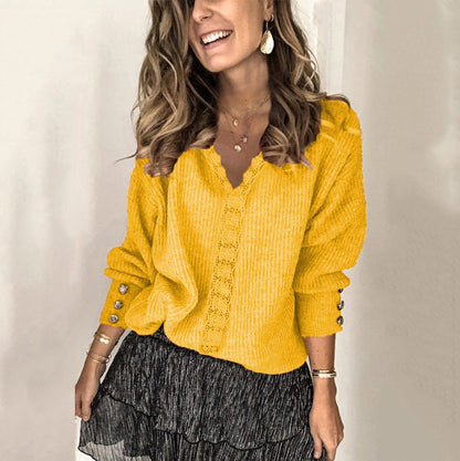 Loose Women's Clothing V-neck Buttons Sleeves