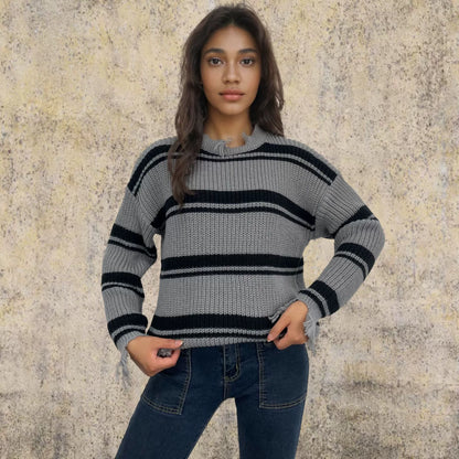 Oversize Knitted Wool Jumper with Contrast Stripes