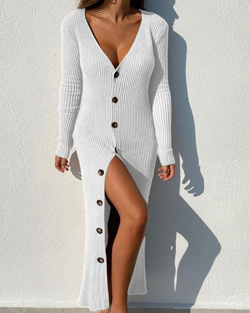 Women's Elegant V-Neck Knit Dress