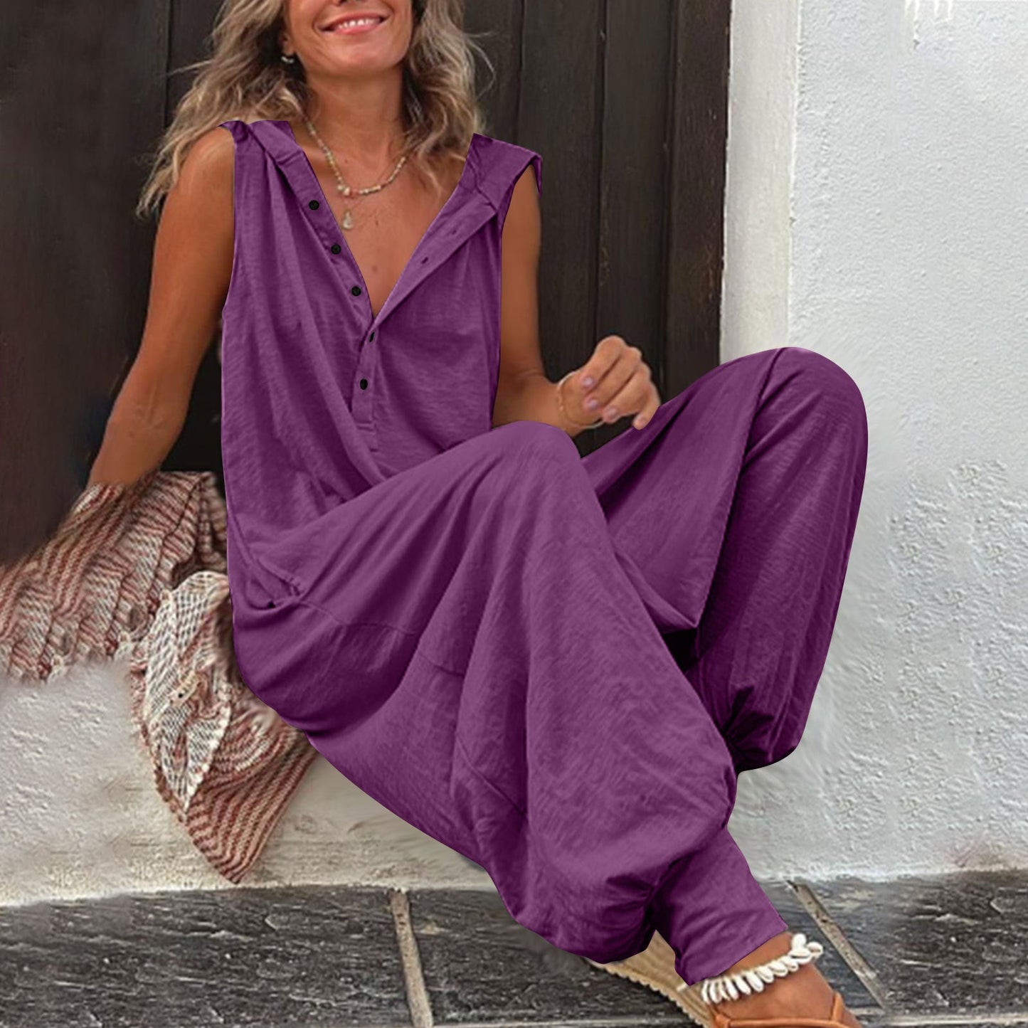 Damen Jumpsuit Casual Kapuze Knopfverschluss