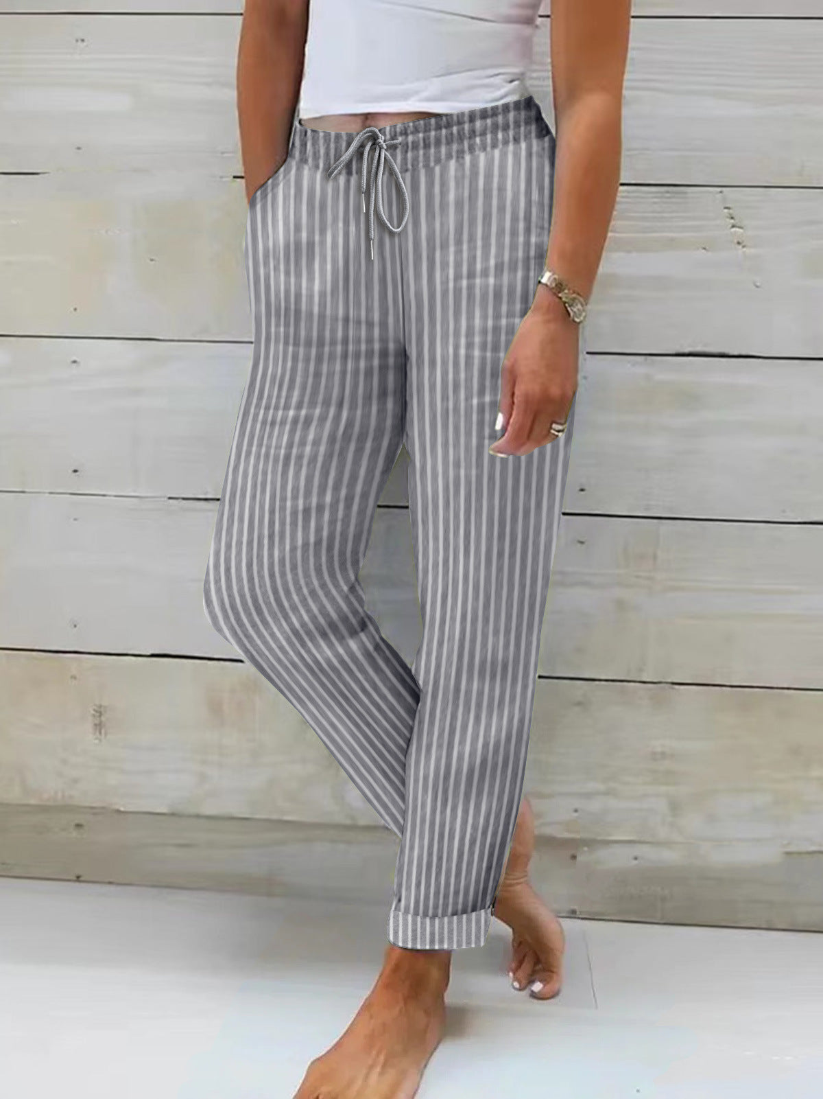 Women's Comfortable Cotton Trousers Striped Pattern Flexible Waistband