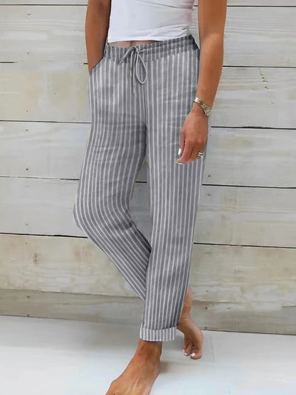 Women's Comfortable Cotton Trousers Striped Pattern Flexible Waistband