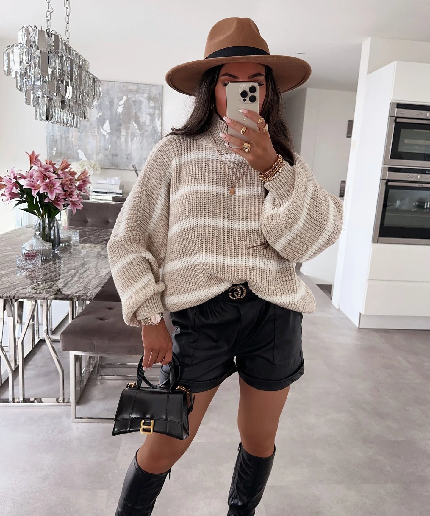 Women's Oversized Striped Turtleneck Sweater Modern