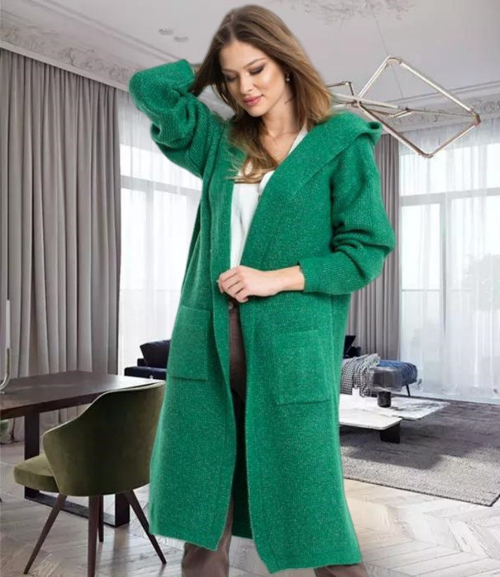 Women's Knitted Cardigan Warm Hood Large Pockets