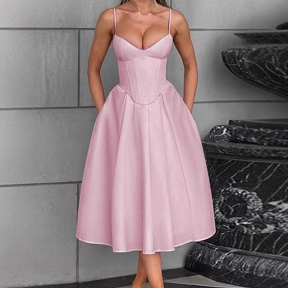 Damenkleid Elegant Midilänge mit Büstenhalter und voluminösem Rock - IdealeKleiden