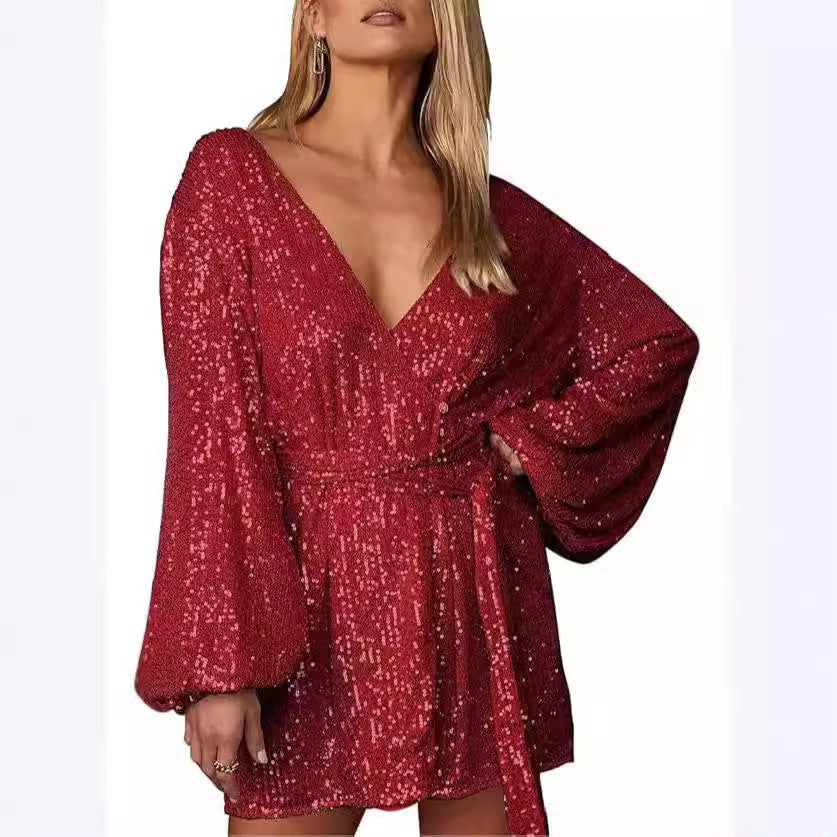 Women's Evening Dress Glitter V-Neck Elegant