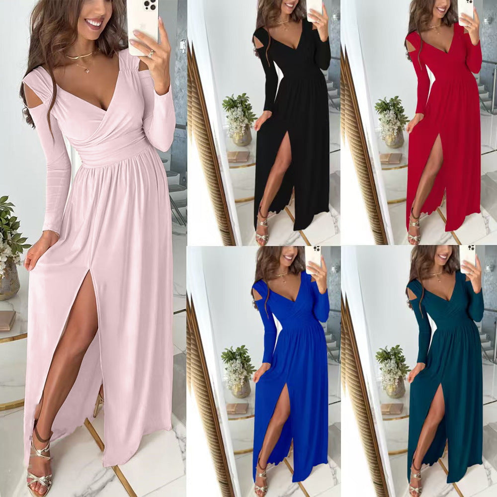 Damen Maxikleid Eleganz V-Ausschnitt Beinschlitz - IdealeKleiden