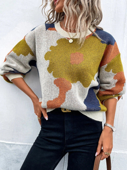 Patterned Knitted Sweater Loose Fit Round Neck