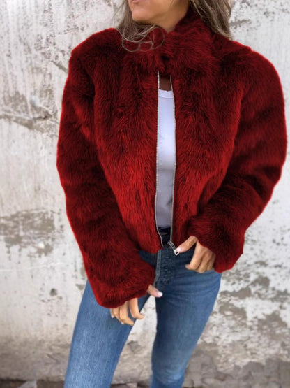 Women's Faux Fur Jacket Loose Fit High Collar