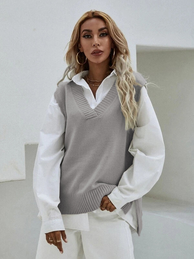 Women's Knitted Vest V-Neck Wide Rib Knit
